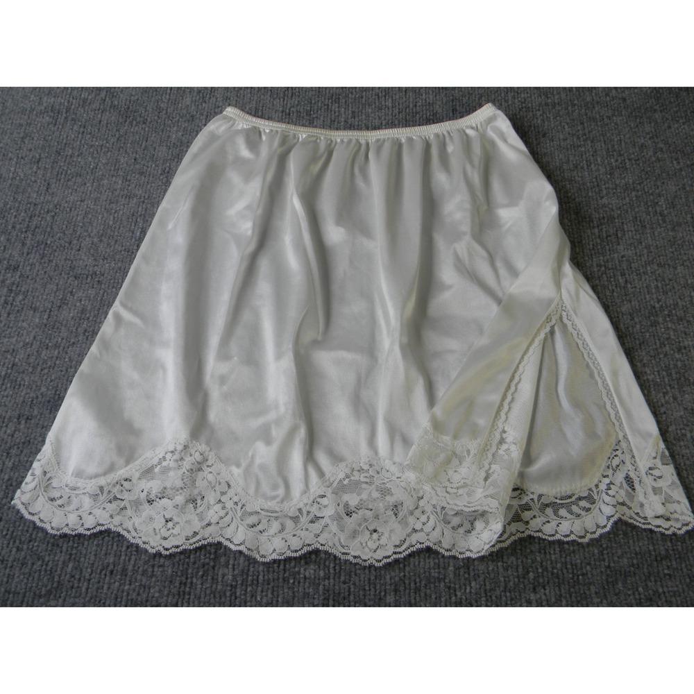 Adonna Womens Small Ivory Nylon Half Slip Floral Lace Trim Side Slit USA